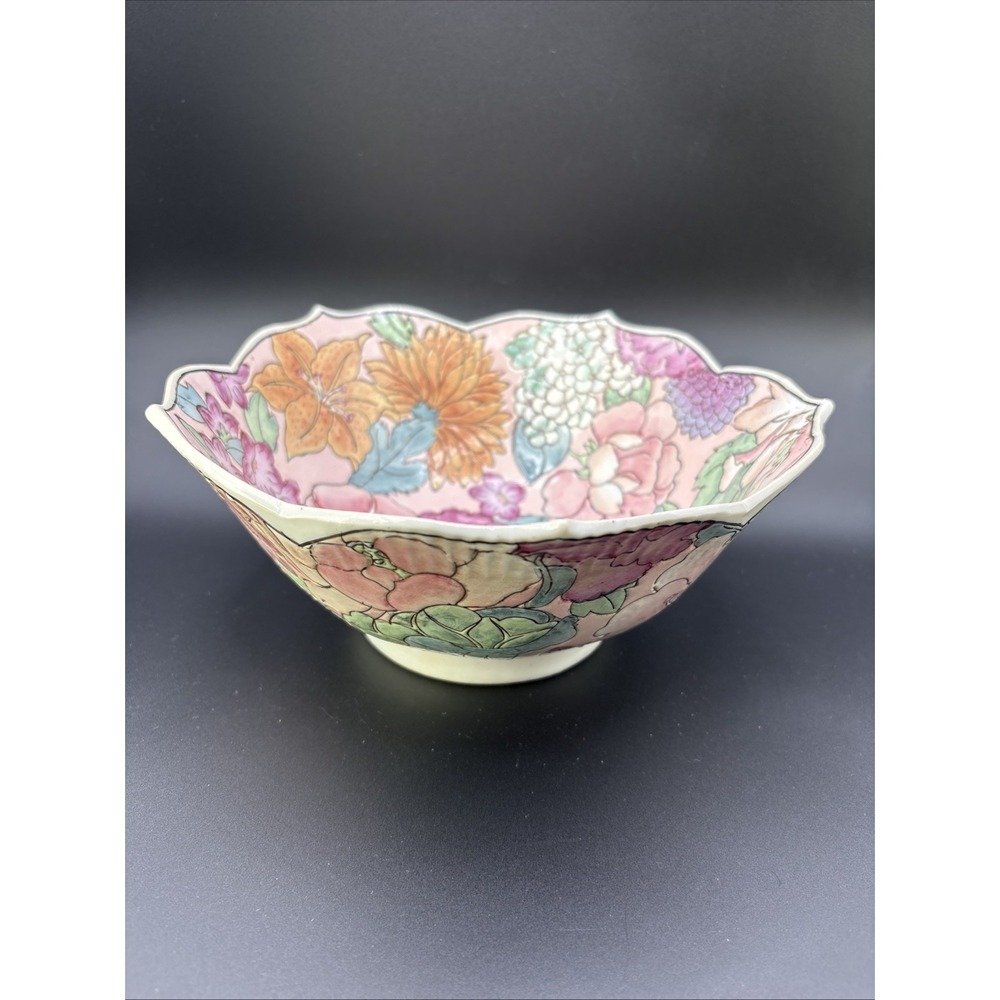 Vintage HFP Macau Millefleur Lotus Bowl Decorative Crafts Hand Painted Floral 8"